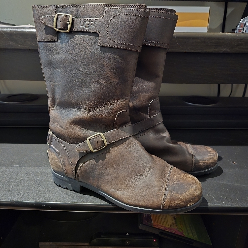 UGG Gershwin Shearling-Lined Brown Waterproof Leather Biker Boots - Picture 2 of 13